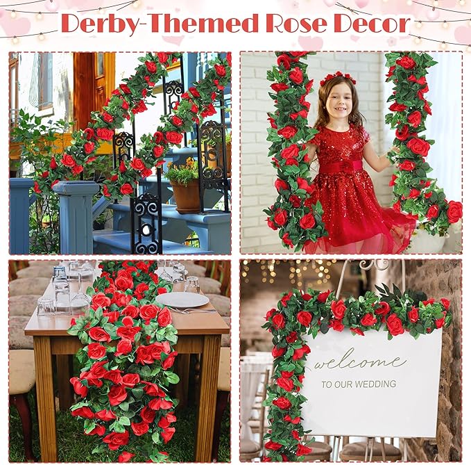 Aneco 4 Pack 32 FT Red Flower Garland Artificial Rose Vines Roses Fake Vine Flowers Plants Party Supplies for Holiday Wedding Garden Craft Art Decoration