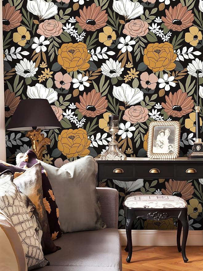 Floral Peel and Stick Wallpaper Black Removable Wallpaper Dark Boho Renter Friendly Textured Wallpapers for Bedroom Stick On Contact Paper for Locker Cabinet 17.5 x 118 in