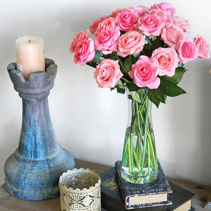 FiveSeasonStuff Fake Roses Wedding Flowers Real Touch Silk Pink Artificial Flowers 12 Stems