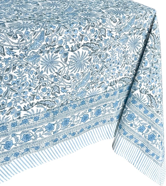 ATOSII Butterfly Blue 100% Cotton Square Summer Tablecloth, Handblock Floral Print Linen Table Cloth for Kitchen Dining I Parties, Weddings, Outdoors, 60 X 60 Inches I 4 Seater