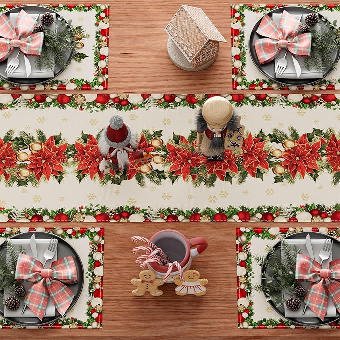 XCHI Christmas Poinsettias Leaves Bells Snowflakes Winter Xmas Table Runner Table Decoration for Home Kitchen Dining Holiday Decor 13x60 Inch