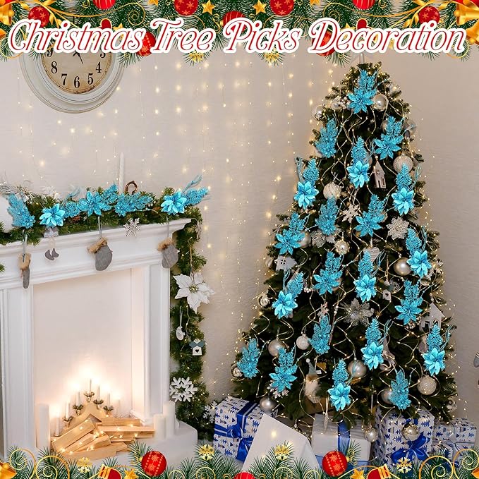 18 Pack 3 Styles 17 Inch Christmas Glitter Poinsettia Berry Stems Ornaments Artificial Floral Branches Picks for Christmas Tree Home Vase Holiday Party Decor(Lake Blue)