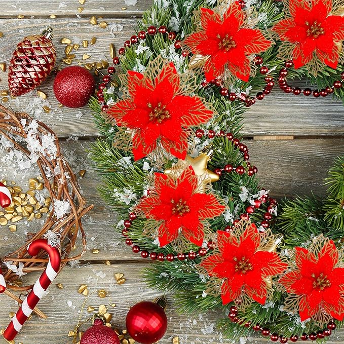Geosar 24 Pieces Christmas Glitter Poinsettia Flowers Layered Artificial Xmas Flowers Wedding Christmas Tree New Year Ornaments 3/4/6 Inch(Red)