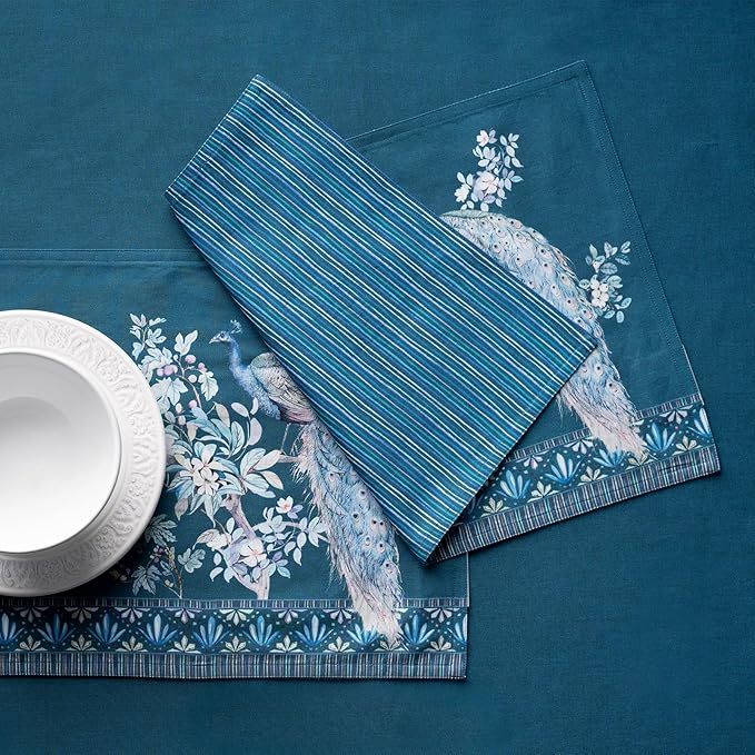 Maison d' Hermine Place Mats 100% Combed Cotton Premium (13 Inch x 19 Inch) Cloth Place Mat Washable Dinner Placemat, Dinner & Dining, Peacock Utopia - Deep Sea (Set of 4)