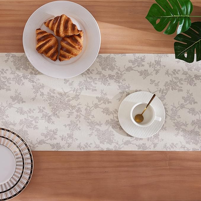 100% Cotton French Pastoral Table Runners, 13x90 Inch Grey Farmhouse Table Runners 90 Inches Long, Vintage Flowers Print Home Decors