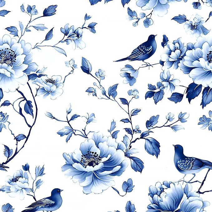 Blue Floral Wallpaper Peel and Stick Vintage Bird Leaf Contact Paper Self Adhesive Removable Modern Wall Mural Boho Wall Paper for Room Walls Cabinet Kitchen Decor 17.5in x9.8ft
