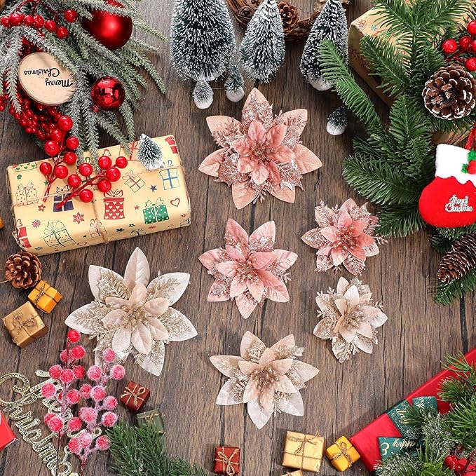 Geosar 24 Christmas Glitter Artificial Poinsettia Flowers Xmas Poinsettia Wedding Flowers Decorations Xmas Tree Ornaments with Clips for Party Favors, 6 Inch, 4 Inch, 3 Inch(Gold and Rose Gold)