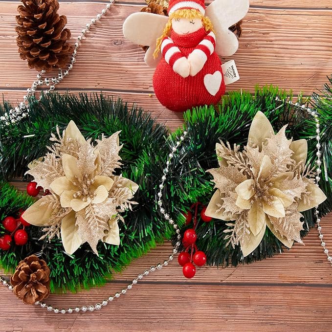 15Pcs Christmas Poinsettia Artificial Flowers Decorations, Glitter Poinsettia Christmas Tree Ornaments, Champagne Tree Flowers for Xmas/Holiday/Wreath/Garland Decor, with Cilps, 5.5 Inch