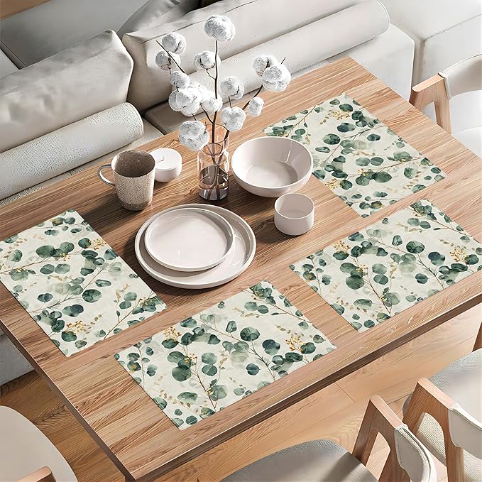 Leaves Placemats Set of 6 Eucalyptus Seasonal Watercolor Plants Table Mats Washable Place Mats for Home Party Indoor Kitchen Dining Table Decoration 12x18 Inch