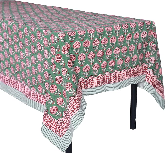 ATOSII Roma Green 100% Cotton Fall Autumn Rectangle Tablecloth, Hand Block Print Washable Table Cover, Christmas Parties Buffet Dining, Weddings, Thanksgiving, Preppy Decor 60 X 108 Inches 8 Seater