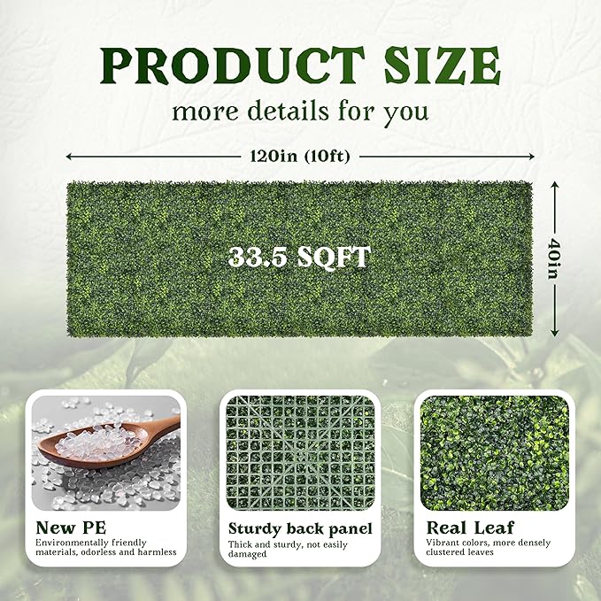 Artificial Boxwood Roll Panel Backdrop: 40"X120" UV-Anti Greenery Faux Grass Wall Hedge for Indoor Outdoor Green Decor & Backyard Background Decorations Fence Covering Privacy