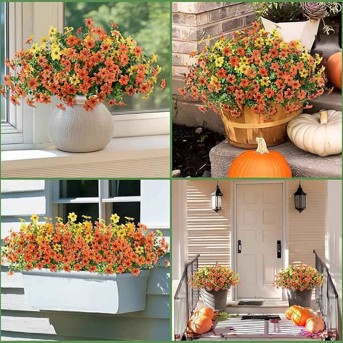 Artificial Mums Fake Fall Flowers for Outdoors Decoration, 12 Bundles Realistic Autumn Silk Daisy Faux Plants UV Resistant Decor for Home Garden Porch Patio Yard Balcony Window (Orange Yellow)