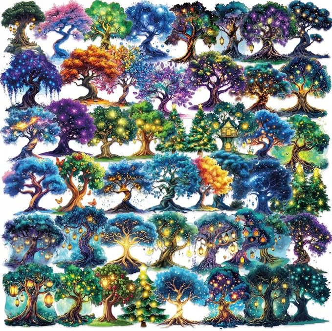 50 Pcs Magic Tree Stickers, Transparent PET Waterproof Decals, Cartoon Aesthetic Stickers for Water Bottles, Laptops, Scrapbooks, Journals, Planners - DIY Craft Supplies Gift