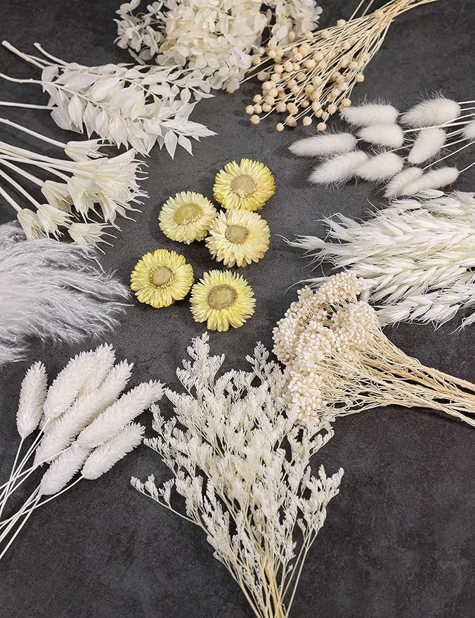 Natural Dried Flower Set, Bulk Dried Flowers with Stems, Dried Daisies, Dried Rabbit's Tail Grass,Mini Bouquet.(White)