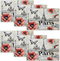Paris Placemats Set of 6, French Eiffel Tower Place Mats, Poppies Dining Table Mats, Retro Washable Placemats for Kitchen Dining Room Home Decor 18L'' × 12W''