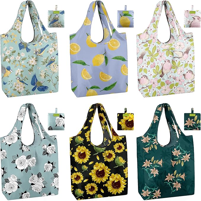 BeeGreen Flower Reusable Shopping Bags Cute Grocery Bag 6 Pack, Christmas Gift Bags Heavy-Duty Foldable Shopping Totes for Supermarket, Work & Travel, Large Washable Polyester Tote Bag with Handles