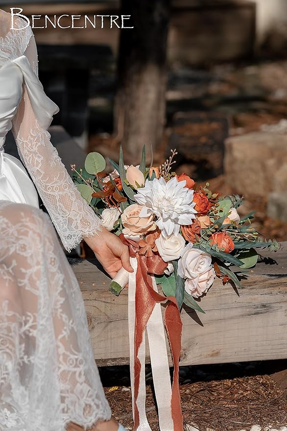 14 Inch Terracotta Bridal Bouquet, Fall Wedding, Bride Bouquets for Ceremony & Anniversary, French Rustic Vintage Style, Artificial Flowers