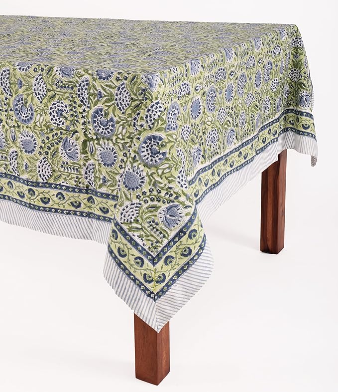 ATOSII Amara 100% Cotton Fall Tablecloth, Handblock Floral Print Rectangle Linen for Kitchen Dining I Parties Wedding Outdoors Picnics Easter I Spring Summer 72 X 120 Inches I 10 Seater Table