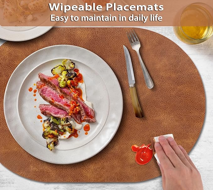 ADRIMER Placemats, Heat Resistant Oval Placemats Set of 8 Washable 12 x 17 Inch, Waterproof Table Mats, Wipeable Pu Place Mats for Kitchen, Dining Room, Turmeric Brown