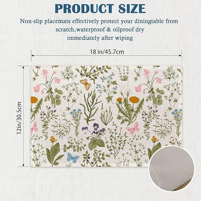 Vintage Herbs Flowers Placemats Set of 4, Garden Place Mats Heat Resistant Washable Non-Slip Table Mats for Party Kitchen Dining Decor 12x18 Inch
