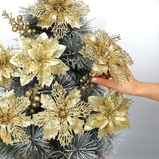 22 Pcs Gold Poinsettia Artificial Flowers and Glitter Berries Stems Kit, Christmas Poinsettias Decorations and Tree Ornaments for Xmas Home Wedding Holiday Decor