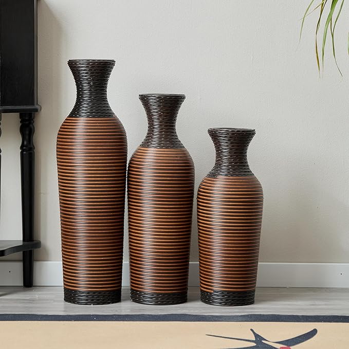 3 Pack Floor Vases Home Decor Large Tall, Modern Vintage PVC Vase for Living Room Floor Vase Set for Decorative Home 24-28 Inch 3pcs Black+Brown