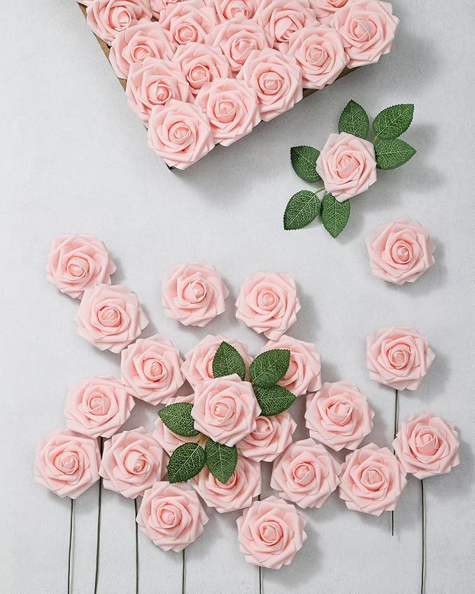 DuHouse 25Pcs Artificial Roses Flowers Fake Roses with Stems Real Touch Foam Flowers for DIY Wedding Bouquet Baby Shower Centerpiece Floral Arrangement Party Home Decor(Blush)
