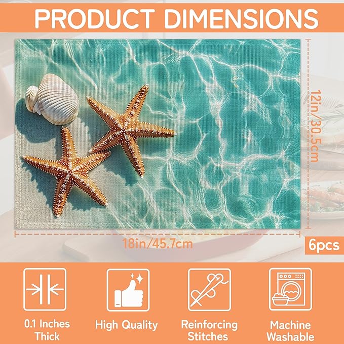 Beach Starfish Placemats Set of 6,Sea Washable Kitchen Dining Linen Table Mats for Home Party Dinner Indoor Outdoor 12x18Inch