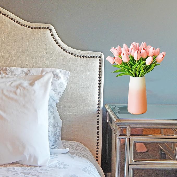 Mandy's Artificial Tulips 28 Stems Light Pink with Gradient Pink Vase PU Faux Flowers for Thanksgiving and Christmas Decorations Wedding Home Decor 13.5 Inch