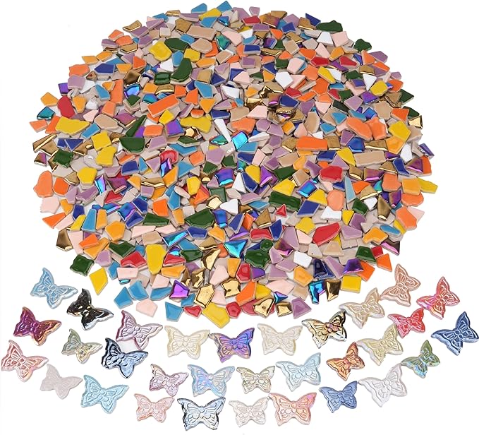 Irregular & Butterfly Mosaic Tiles for Crafts – 1.5 lb Bulk Pack (580g Irregular Tiles + 100g Butterfly Pieces), Assorted Colors, Shapes & Sizes for DIY Art & Home Decor