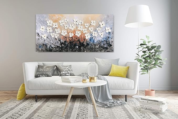 Yihui Arts Floral Paintings Canvas Wall Art Living Room Decor Contemporary Grey Artwork Pictures Framed Ready to Hang