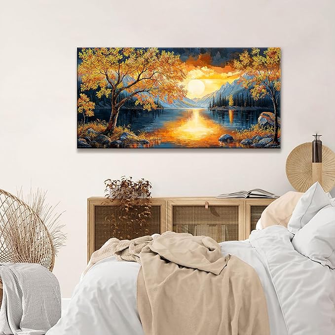 Canvas Art Wall Decor Modern Gold Tree River Landscape Wall Art Print For Bedroom Modern Office Art Prints Sunrise Landscape Print Paintings Pictures Artwork Aesthetic 20 X 40 In