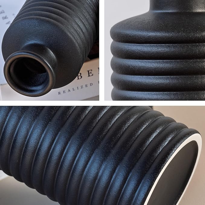 Black Ceramic Vases for Home Decor, Modern Farmhouse Frosted Semi Matte Textured Decorative Vase Set, Unique Vase for Entryway, Coffee Table, Shelf, Small Pampas Grass and Flowers