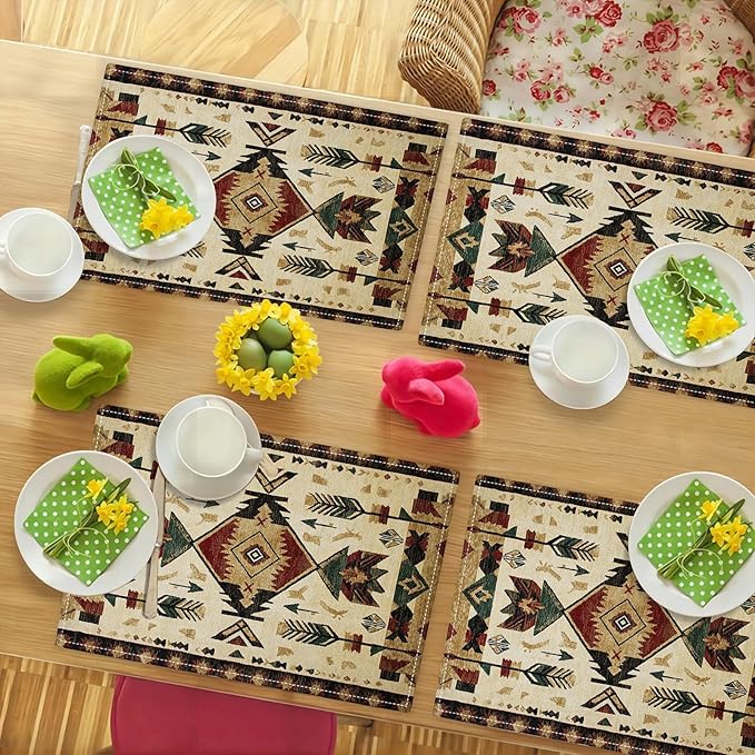 Southwestern Placemats Set of 6, Farmhouse Boho Ethnic Place Mats, Rustic Turkish Dining Table Mats, Washable Placemats for Kitchen Dining Room Home Decor 18L'' × 12W''