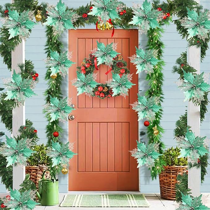 10'' Large Christmas Glitter Poinsettia Flowers Decorations, stadeco 10 Pcs Christmas Tree Picks Ornaments Artificial Flowers with Long Stems for Xmas Tree Wreath Garland Wedding Party DIY Decor