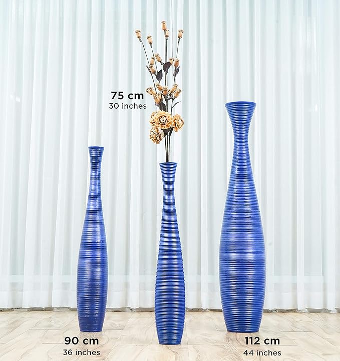 Leewadee Large Blue Home Decor Floor Vase - Wooden 41 inch Tall Farmhouse Decor Flower Holder for Fake Plant and Pampas Grass
