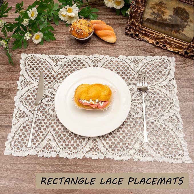 Jayla 2 Pcs Rectangle Lace Placemats for Tables Embroidered Lace Tablemats Vintage Crochet Floral Table Runner Vintage Wedding, Tea Party Decor,12x17 Inch