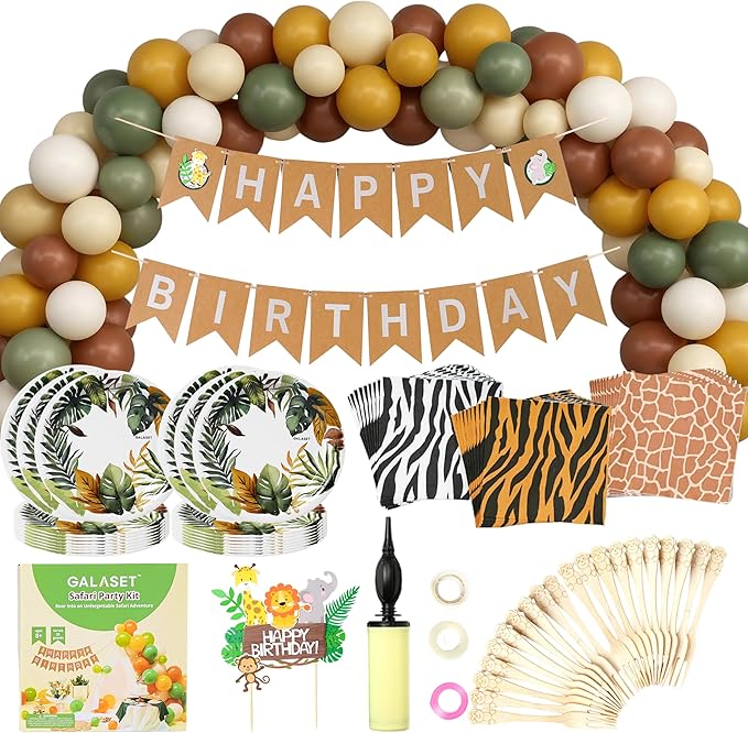 127 PCS Safari Birthday Decorations – Includes Safari Balloon Arch Kit, Pump, Cake Topper, Plates, Napkins, Bamboo Forks, and Banner – Animal Birthday Party Decorations for Boys, Girls, Serves 20