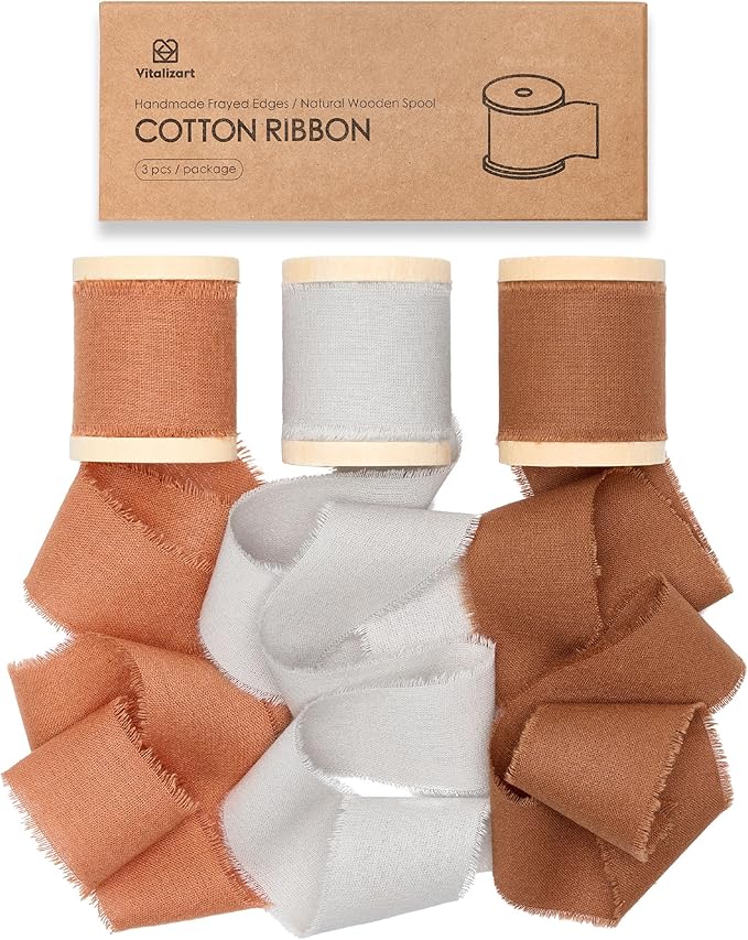Vitalizart Fall Ribbon 1-1/2" x 15 Yd 100% Cotton Handmade Frayed Fringe Fabric Ribbons for Gift Wrapping Wedding Invites Bridal Shower Bouquets Christmas Decorations