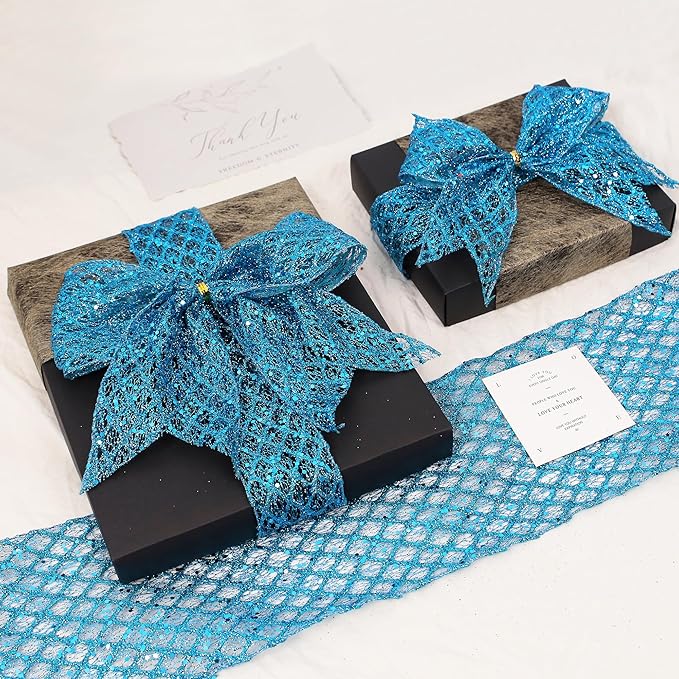 VATIN 4" Turquoise Christmas Ribbon, Blue Glitter Mesh Diamond Web Sequin Dots Wired Christmas Ribbon for Gift Wrapping Bow Making Wreath Supply-10 Yards