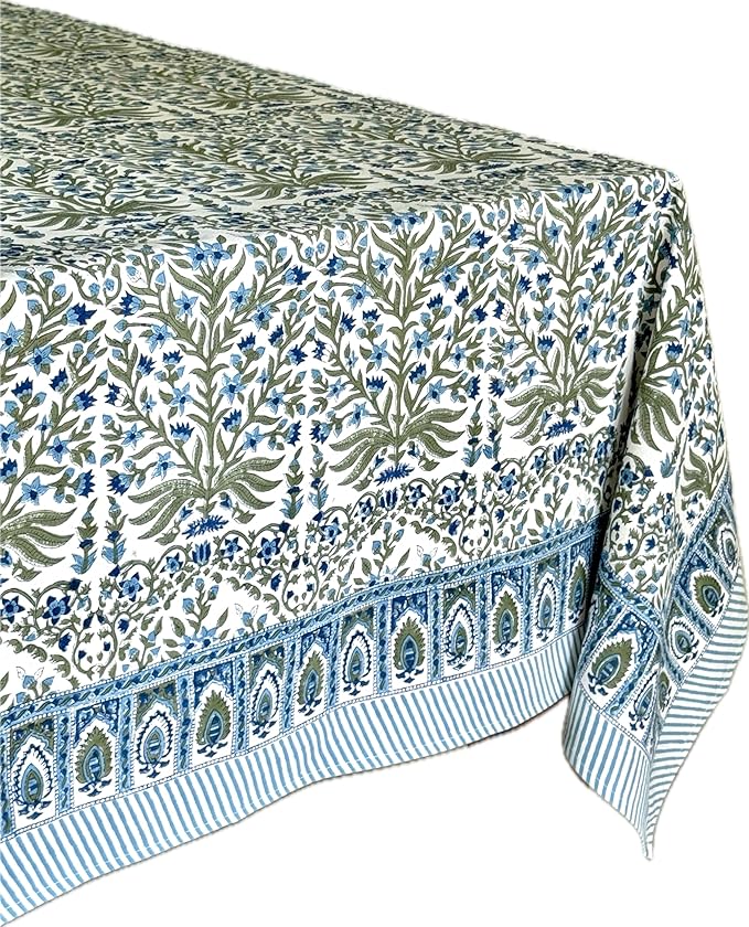 ATOSII Nargis Blue 100% Cotton Rectangle Summer Tablecloth, Indian Block Print Floral Table Cloth I Dining Parties Weddings Outdoors Holidays 60 X 60 Inches 4 Seater I Grandmillennial Farmhouse Boho