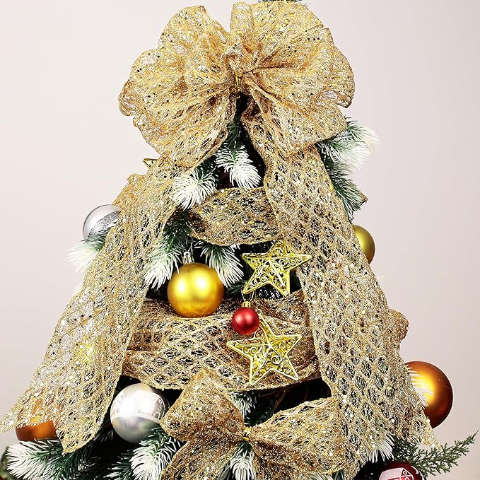 VATIN 6" Gold Christmas Ribbon, Gold Glitter Mesh Diamond Web Sequin Dots Wired Christmas Ribbon for Gift Wrapping Bow Making Wreath Supply-10 Yards