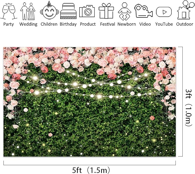Riyidecor Flower Wall Backdrop Polyester Fabric Pink Rose Floral Blossom Leaves Spring 5Wx3H Feet Birthday Women Girls Photography Background Birthday Wedding Photo Studio Shoot
