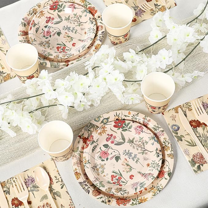 Roshtia 50 Set Floral Party Supplies Flower Paper Plates Napkins Tablewares Disposable Flower Dinnerware for Girls Women Floral Birthday Tea Party Decorations Favors
