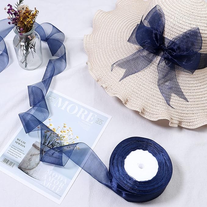 1.5 inch Sheer Organza Ribbon Navy Blue Chiffon Ribbon for Gift Wrapping Christmas Halloween Decoration Wedding Bouquet Crafts 50 Yards