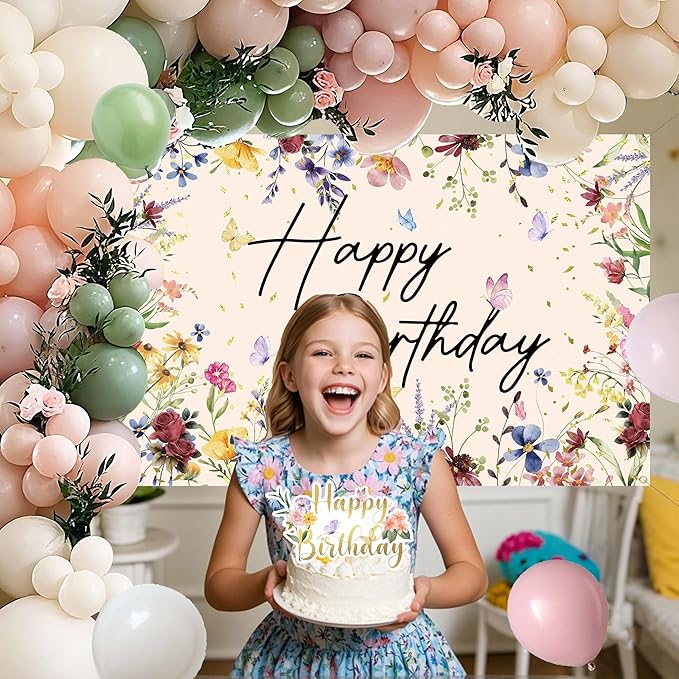 Spring Wildflower Party Decorations For Women,Happy Birthday Banner,Flower Birthday Decorations For Girls,Green Pink White Balloon Arch Kit,Cake toppers