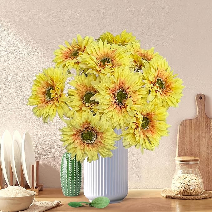 17.5'' Faux Gerbera Daisy Artificial Flowers,10 Pcs Silk Fake Daisies Flowers for Home Kitchen Living Room Bathroom Décor (10, Yellow)