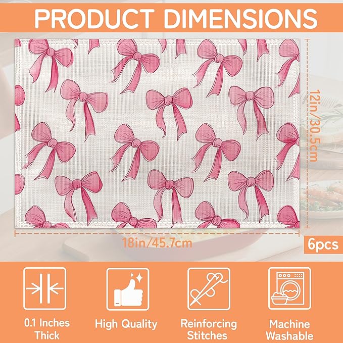 Pink Cute Bow Placemats Set of 6,Dinner Table Mats Non-Slip Washable Mats for Kitchen Dinner Party Tablemat 12x18Inch