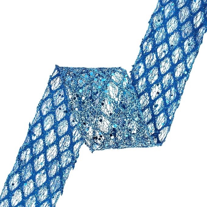 VATIN 2-1/2" Blue Christmas Ribbon, Blue Glitter Mesh Diamond Web Sequin Dots Wired Christmas Ribbon for Gift Wrapping Bow Making Wreath Supply-10 Yards