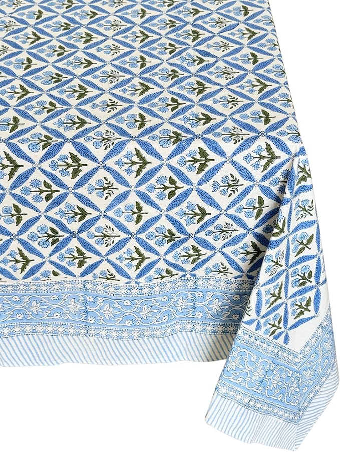 ATOSII Netta Blue 100% Cotton Rectangle Boho Fall Tablecloth, Handblock Floral Table Cloth Linen for Kitchen Dining I Parties Wedding Outdoors Farmhouse Grandmillennial I 72 X 108 Inches I 8 Seater